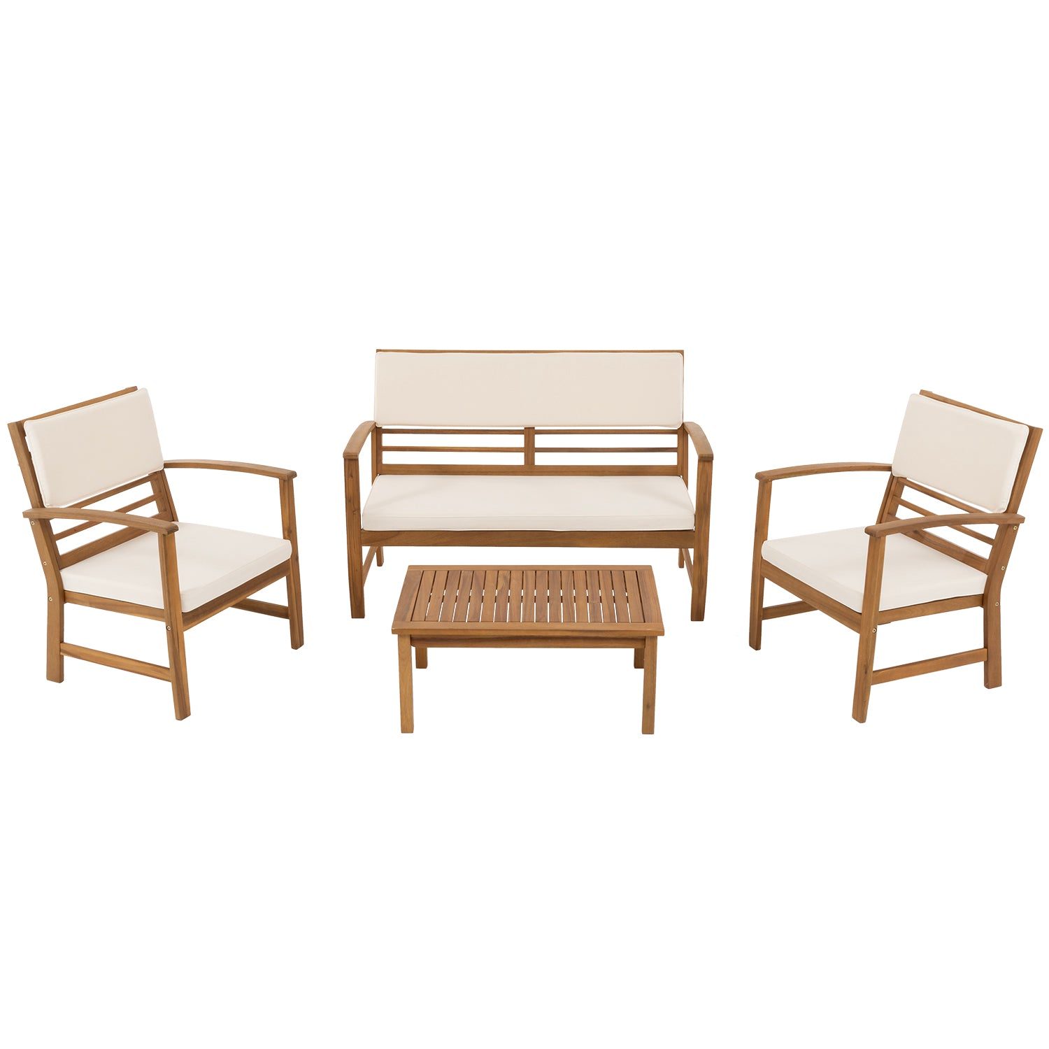 VESTIAMO CASA GIARDINO - Set da giardino 4 pezzi in legno di Acacia con cuscini Beige - Formato da Panchina a 2 posti, 2 poltrone e tavolino da salotto
